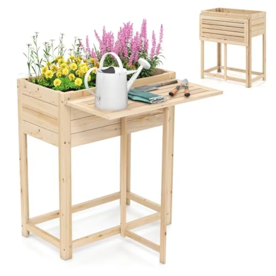 

Wood Raised Garden Bed with Folding Drop-Leaf Potting Table Natural Brown Weather-Resistant for Indoor Outdoor Gardening on Bac