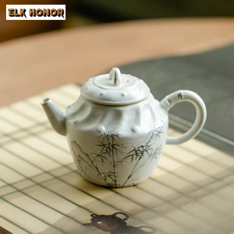 150ml Pure Hand-painted Bamboo Teapot Aesthetic Painting Silver Pot Tea Maker Kettle with Ball Hole Tea Services Ornaments Gifts