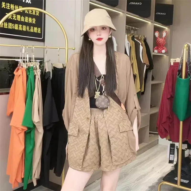 2024 Summer Spliced Woven Suit Sunscreen Coat+Wide Leg Shorts Design Sense Elegant Fashionable Versatile Two Piece Set for Women