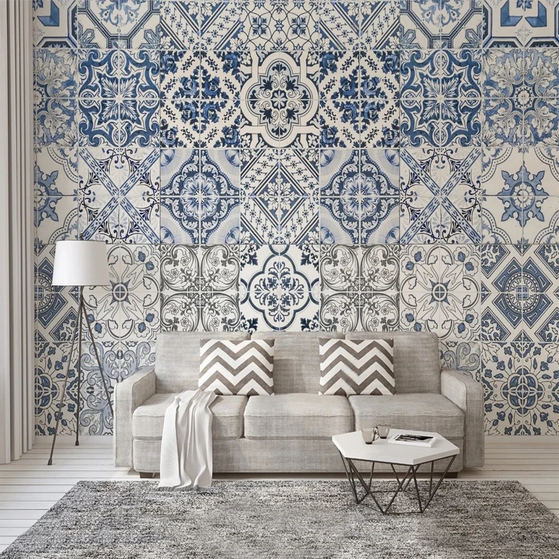 

Custom Size Bohemian Style Wallpaper for Wall Retro Blue Geometric Flowers Tiles Mural Paper 3D Bedroom Living Room Home Decor