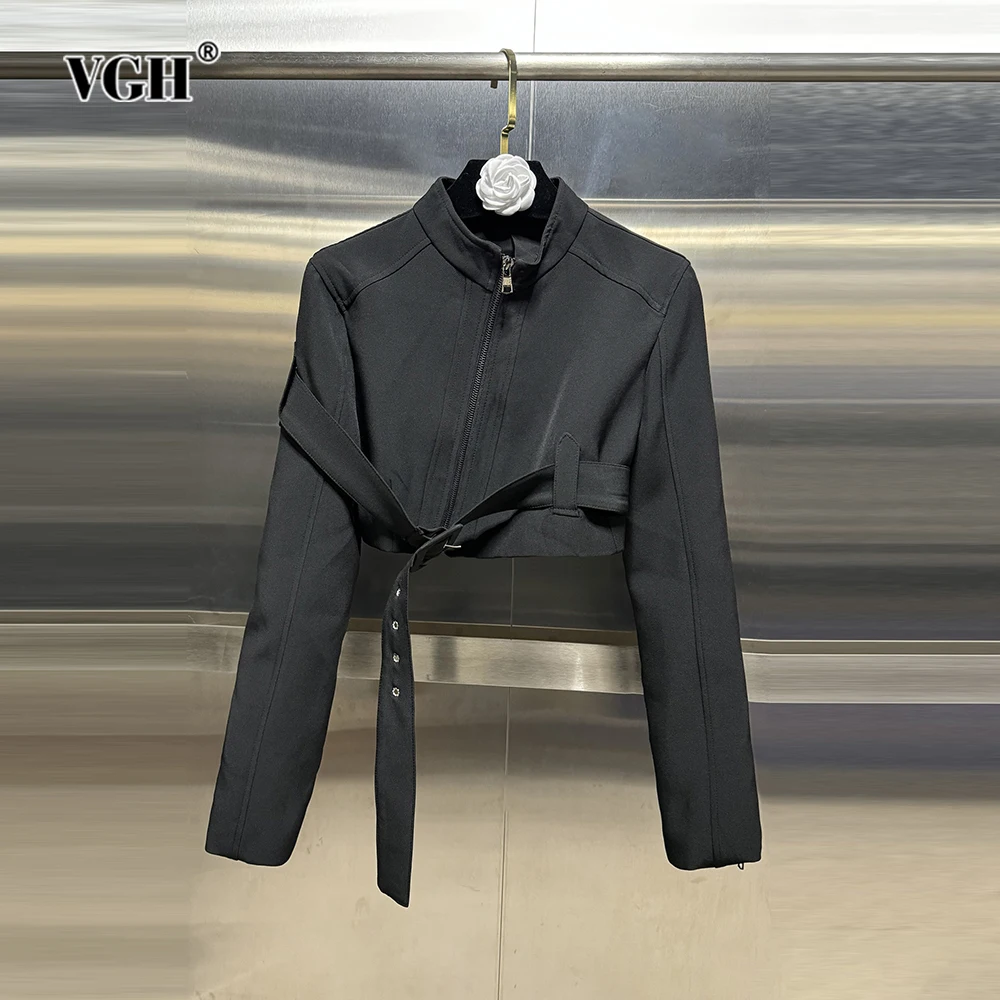 VGH Casual Patchwork Belt Solid Jackets For Women Stand Collar Long Sleeve Spliced Zipper Minimalist Slimming Short Coats Female