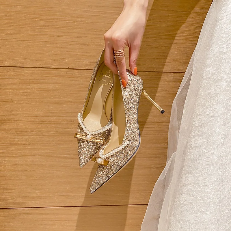 

Spring and Summer New Sequins Bowknot Pointed Pearl Bridal Wedding Shoes Thin High Heels Party Dress Women's Single Shoes