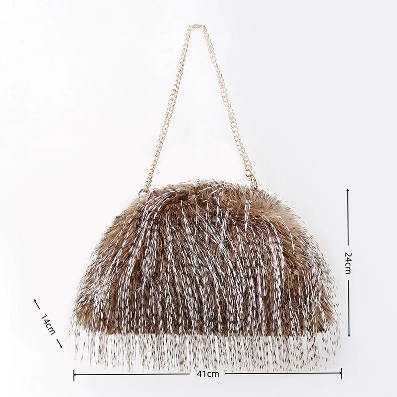 Kunstfell-Quasten-Ketten-Umhängetasche, weiche, warme, flauschige Fransen-Halbmond-Clutch, Winter-Hochzeits-Abendparty-Modehandtasche für Frauen – Detail 1