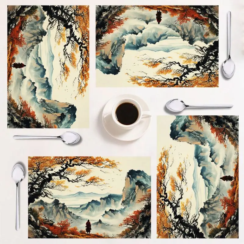 

4-piece placemat set, landscape design, easy to clean, rectangular, stylish home decor, perfect for every festive occasion.