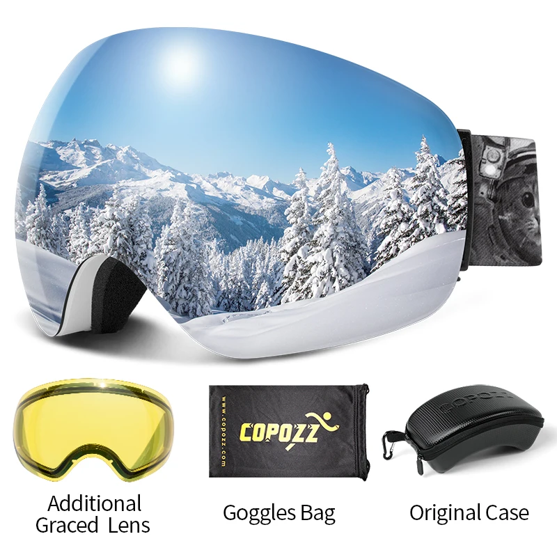 Frameless Anti-Fog Ski Goggles Night Lens Box Set 100% UV400 Protection Ski Snowboard Anti-Slip Strap Snow Goggles for Men Women 