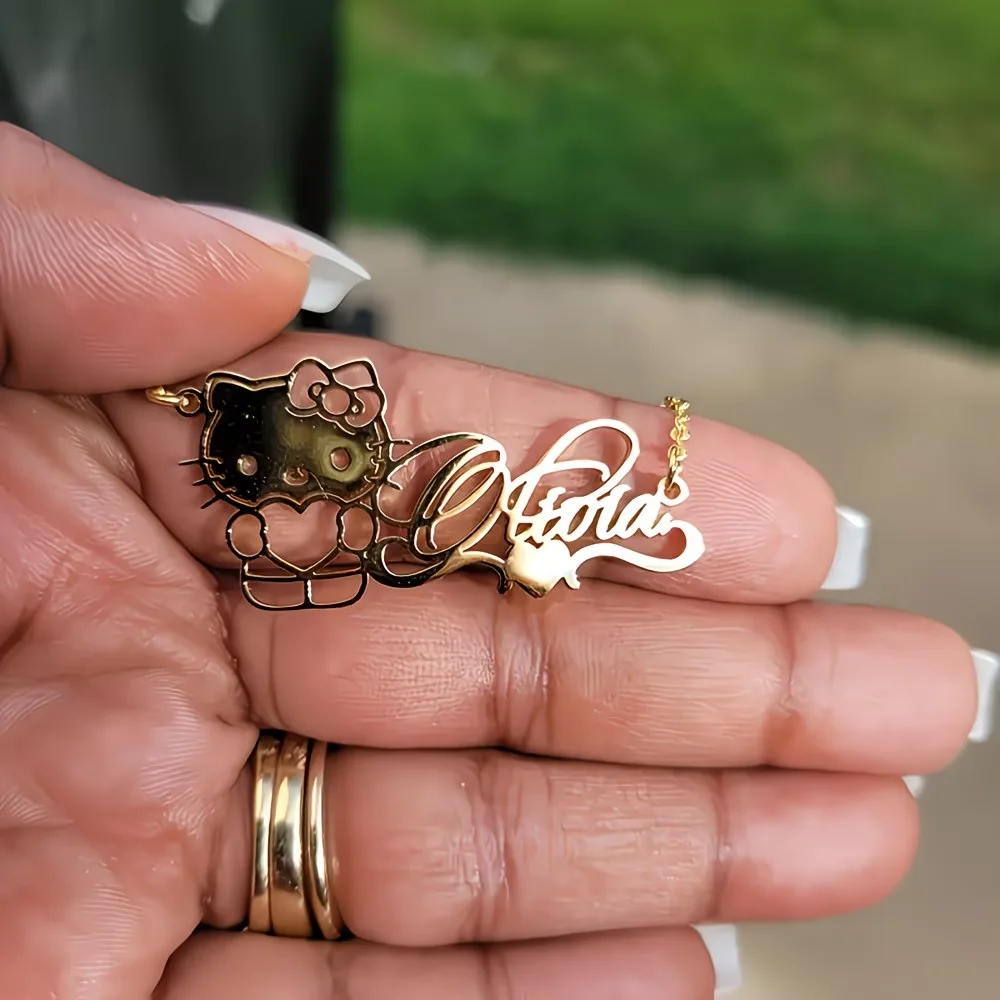 Custom Hello Kitty Ribbon Heart Name Necklace For Women Girls Fashion Sanrio Personalized Stainless Steel Jewelry Birthday Gift