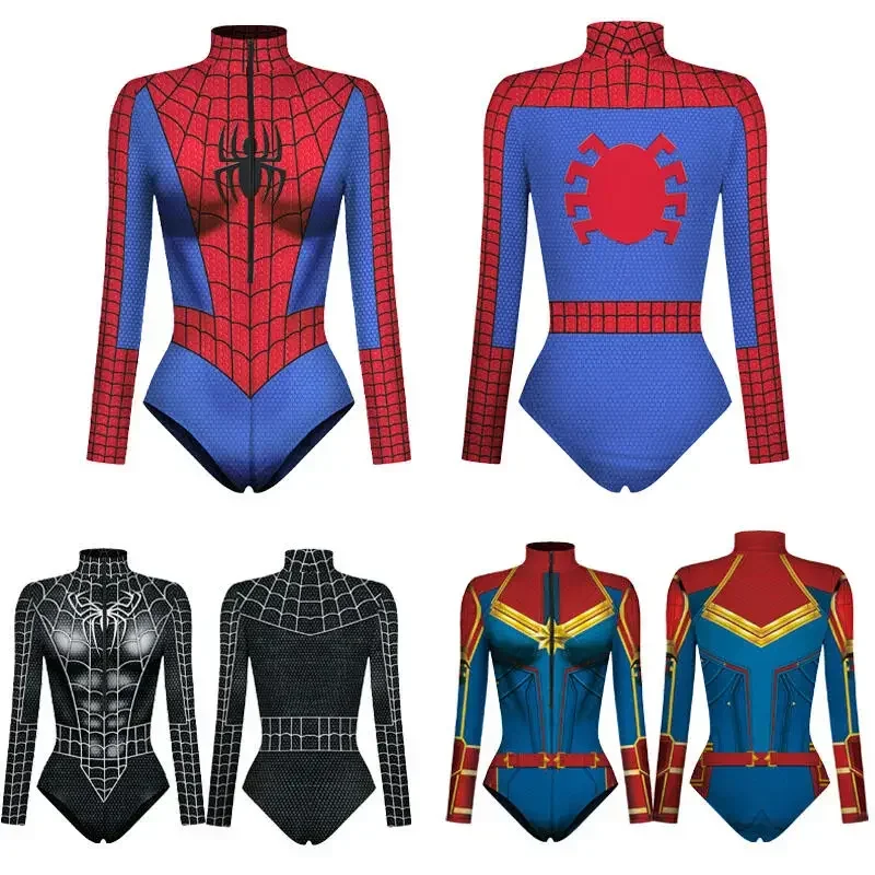 

Women Spiderman Swimsuit Superhero Captain Marvel Bodysuit Anime Black Panther Cosplay Costume Long Sleeve Halloween Outfits