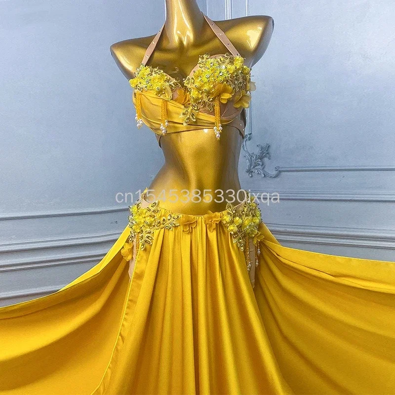 ชุดเต้นระบำหน้าท้องสีทองหรูหรา ชุดการแสดงสไตล์โอเรียนทัล ชุดเต้นรำสำหรับผู้หญิงแบบมืออาชีพ ออกแบบตามสั่ง สำหรับการแสดง สง่างาม