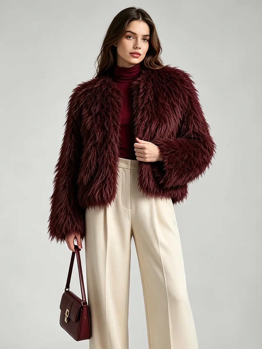 LIMO Women Shaggy Faux Fur Round Neck Open Front Long Sleeve Fluffy Shaggy Coat Winter Warm Plush Short Fashion Streetwear