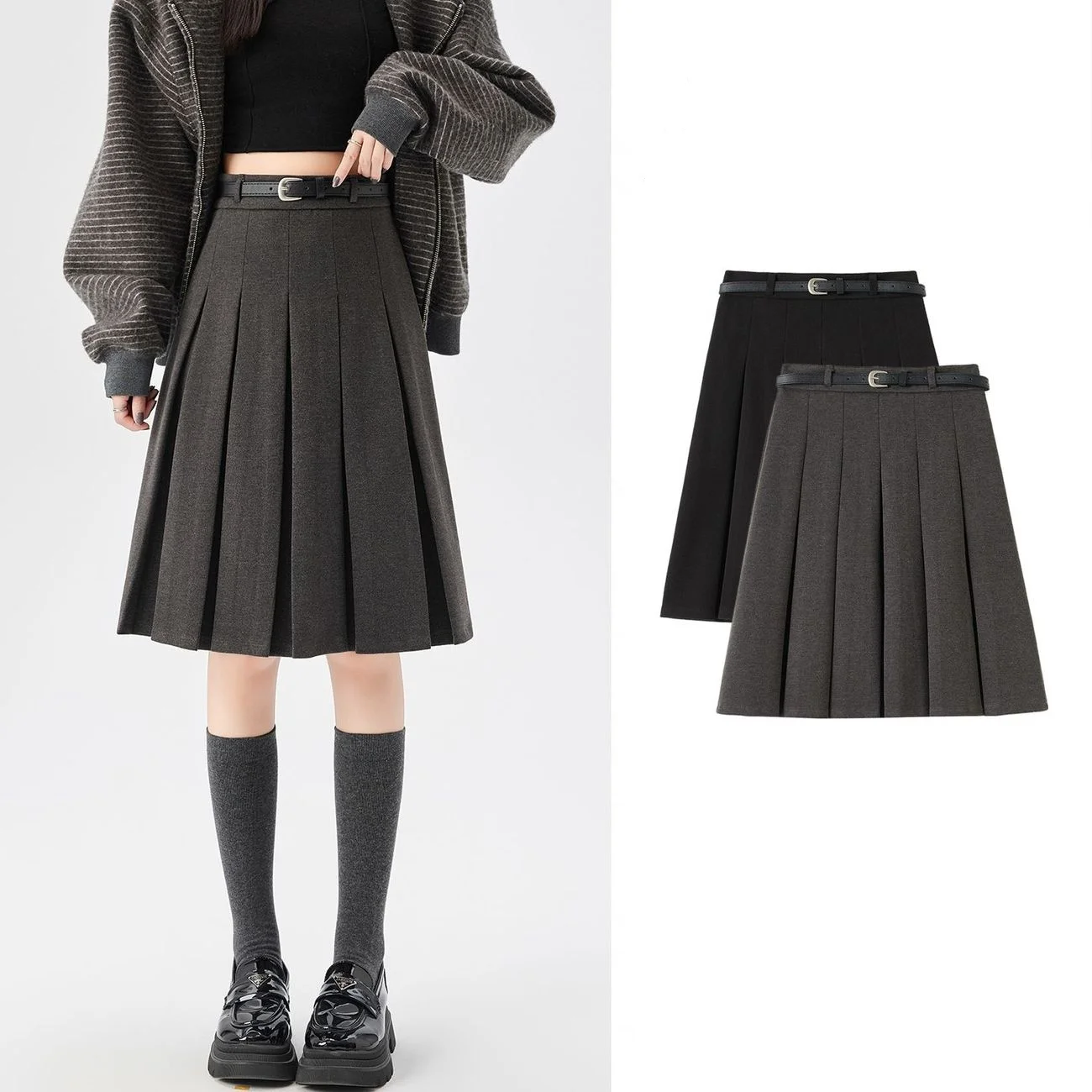 College Style Pleated Skirt for Women Autumn Winter New High Waisted A-line Mid Length Skirt Woolen Knees Skirt