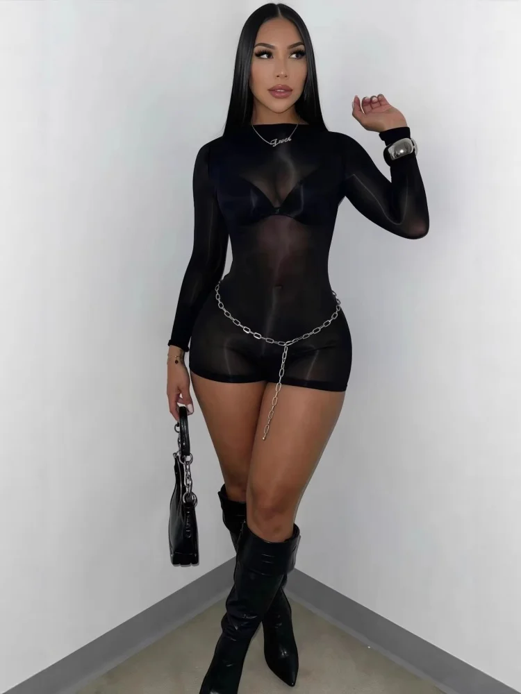 Wmstar Rompers Women Wholesale Uropean 2026 Clothing Sexy Stretch Shiny Body Stockings Night Club See Through One Piece Shorts