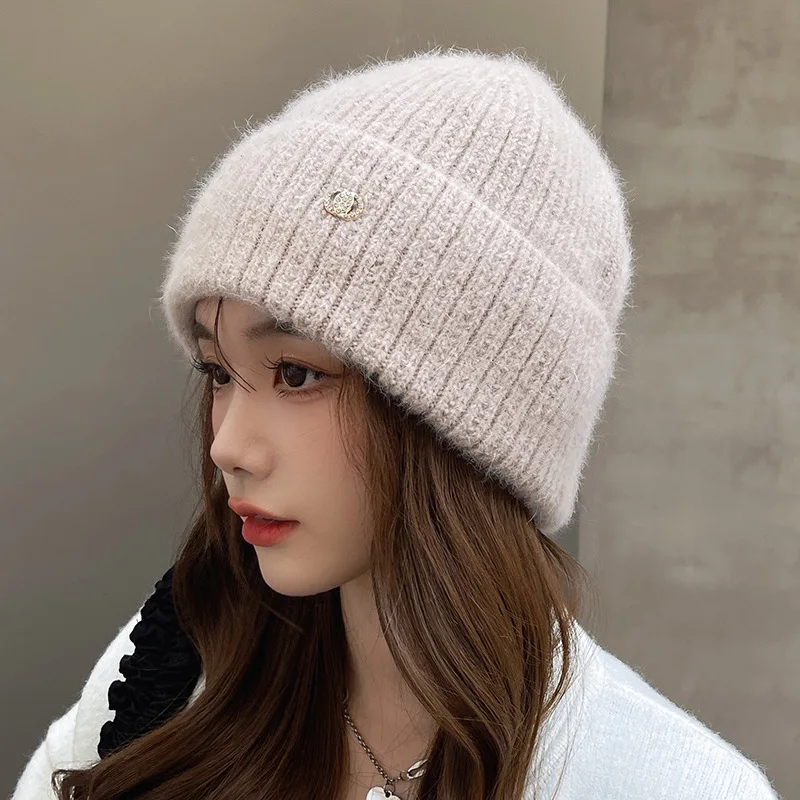 Versatile Casual Solid Colour Padded Rabbit Hair Hat Female Rolled Edge Shiny Ear Protection Knitted Hat Ski Riding Warm Winter