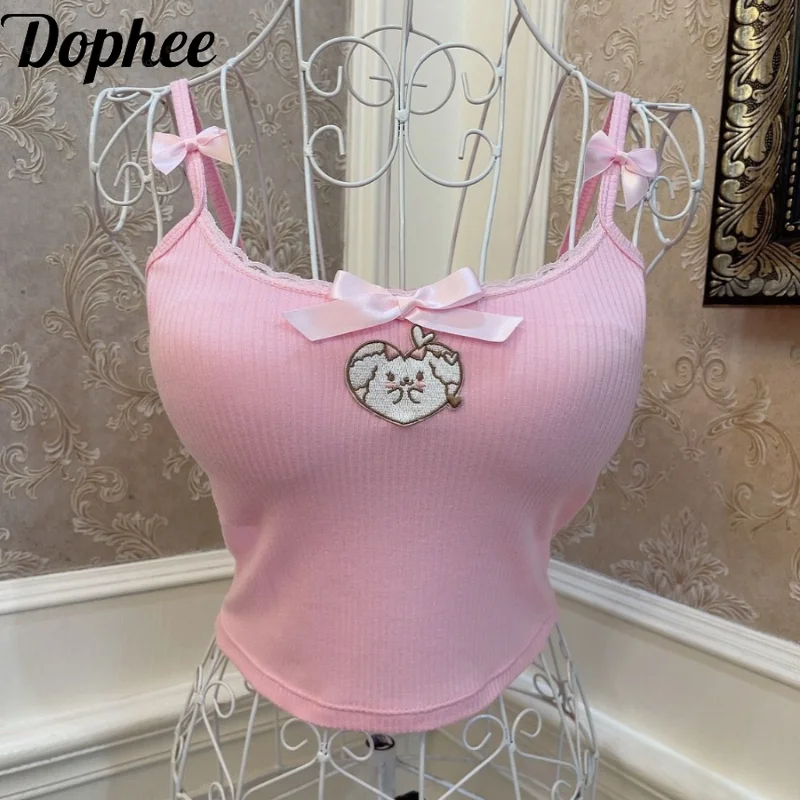 

Dophee Original Sweet Girl Cartoon Embroidery Bow Camisole Midriff-baring Slimming Basic Top Women Chest Pad Camis Short Tanks