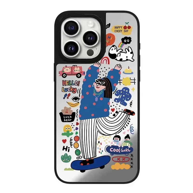 Cute Happy Girl Mirror Magnetic Phone Case Cover for IPhone 11 12 13 14 15 16 Pro Max Case for IPhone 16 Pro Max