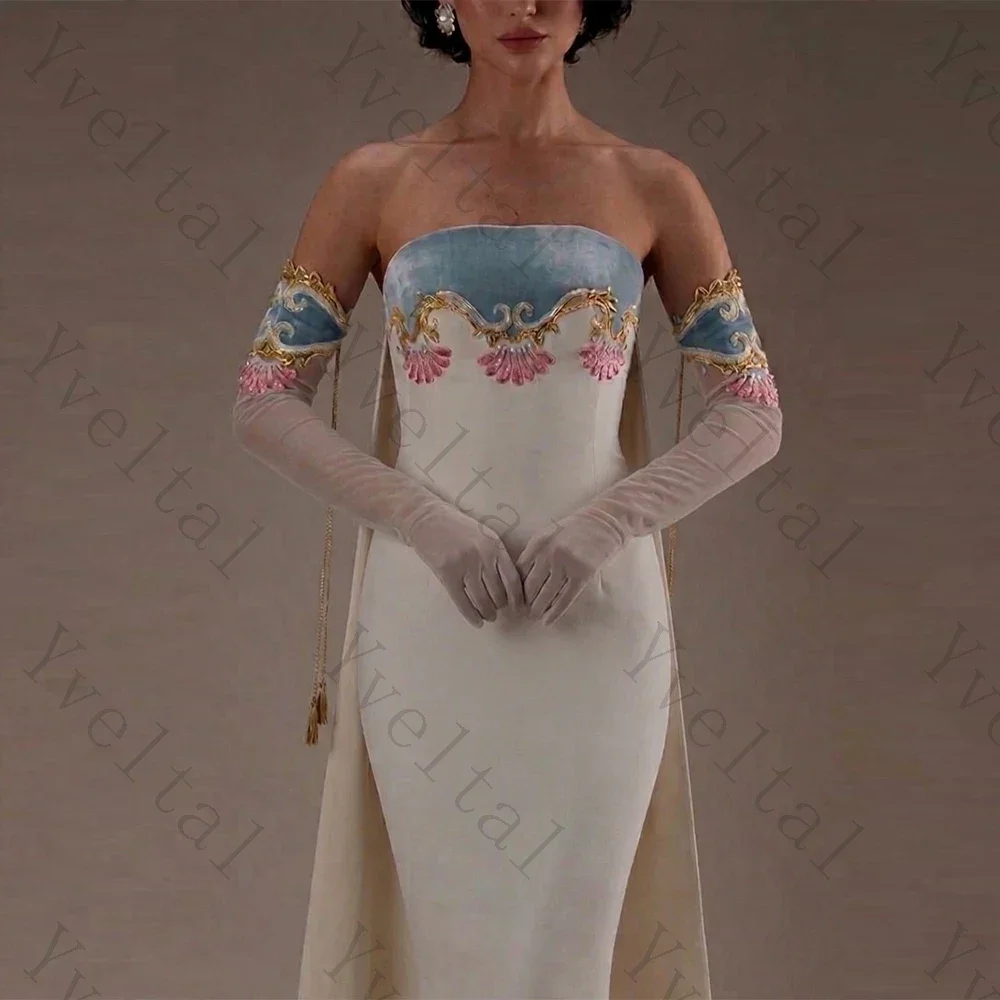 Customized Women Strapless Mermaid Evening Gown Velvet Patchwork Embroidery Detachable Long Gloves Formal Dress for Prom Gala