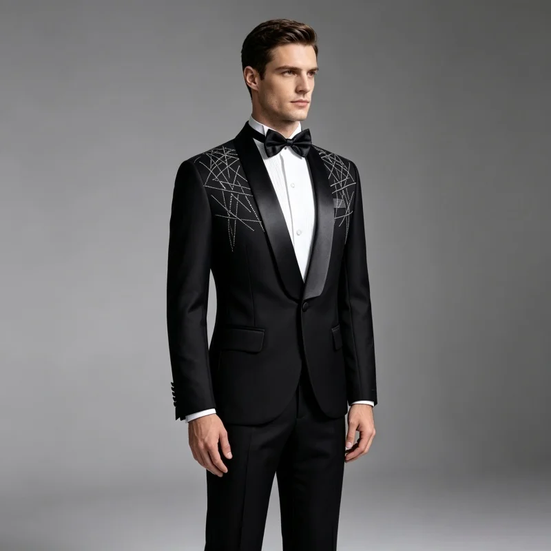 Men Elegant Slim Fit Rhinestones Blazer And Pants Set Fashionable Wedding Host Groomsmen Singer Chorus Stage Outfit Suit