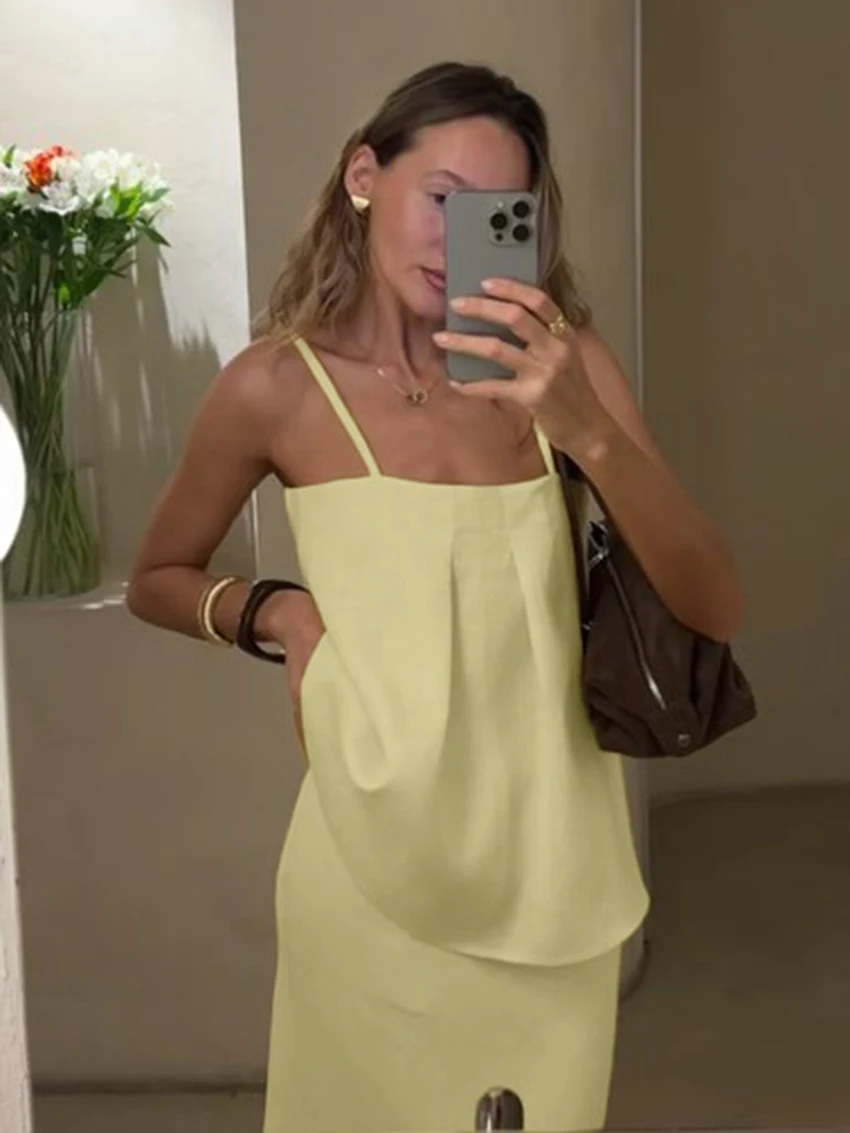 Marthaqiqi Cotton Women Nightwear Set Sexy Spaghetti Strap Pajama Backless Nightie Sleeveless Nightgown Long Skirts Home Clothes