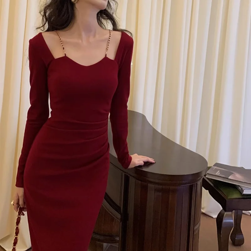 Women 2024 Autumn Winter Elegant Dress Party Evening Clothing Metal Sling Bodycon Long Sleeves Midi Dress For Office Lady