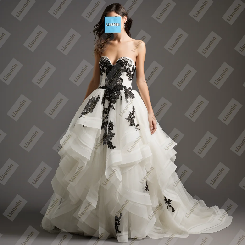 

Классические трапециевидные платья из тюля цвета слоновой кости с черной кружевной аппликацией без бретелек для выпускного вечера Вечерние свадебные платья на шнуровке сзади по индивидуальному заказу A8.1.6