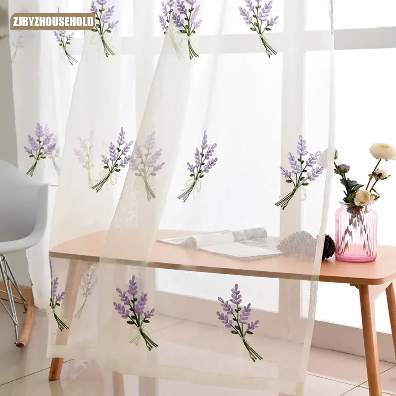 

New Lavender Embroidered Blackout Curtains Window Screens Purple Pink Blue Cotton Thread Embroidered Window Screens