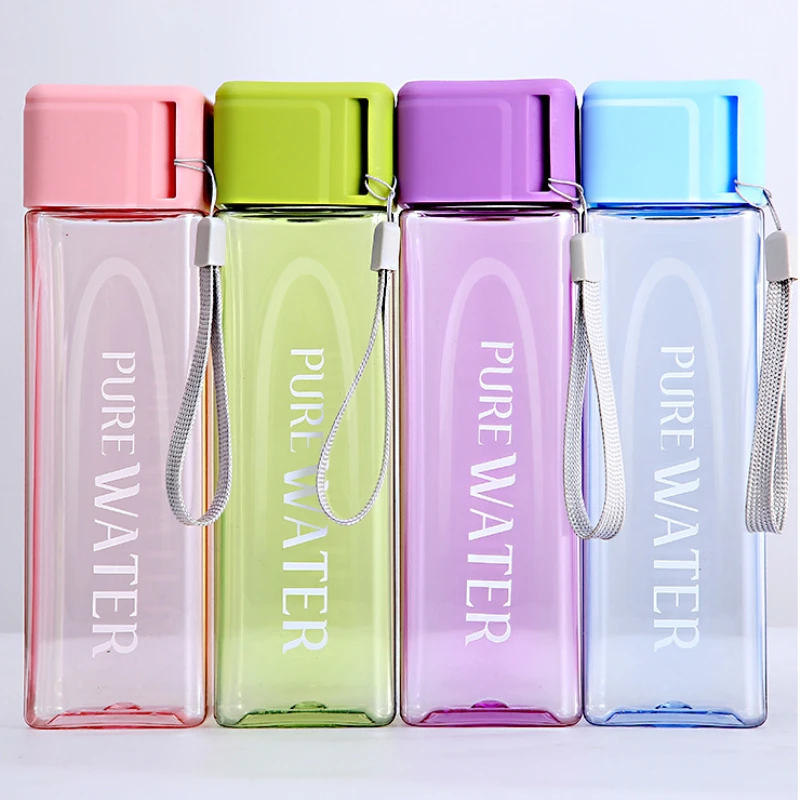 480ml Square Water Bottle with Rope Simple Clear Plastic Jug Portable Leak-Proof Cup Outdoor Sports Gym Milk Tea Juice Drinking