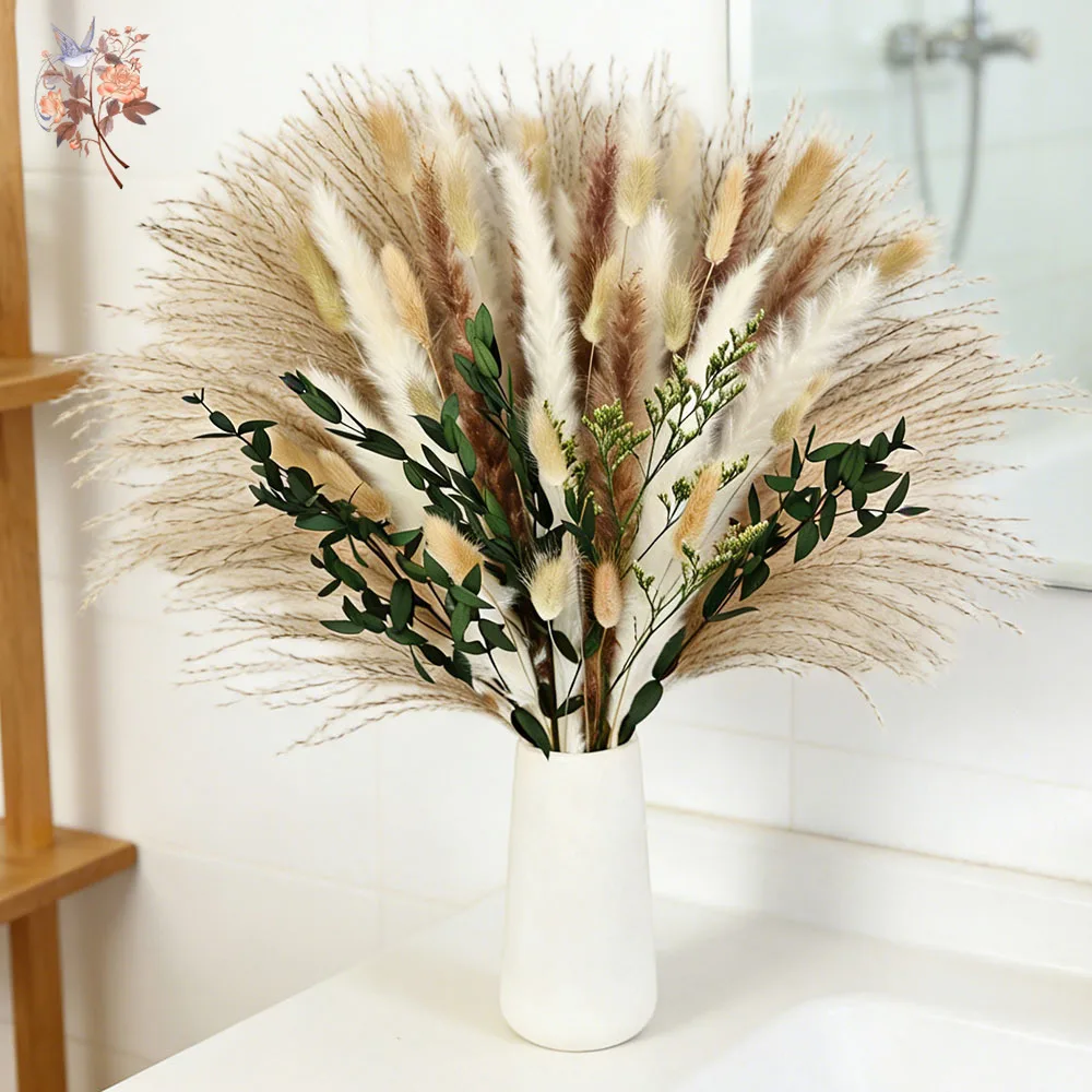 

Preserved Eucalyptus Leaves Dried Pampas Reeds Grass Bouquet DIY Flowers Arrangement Craft Gifts Fresh Green Home Balcony Decor