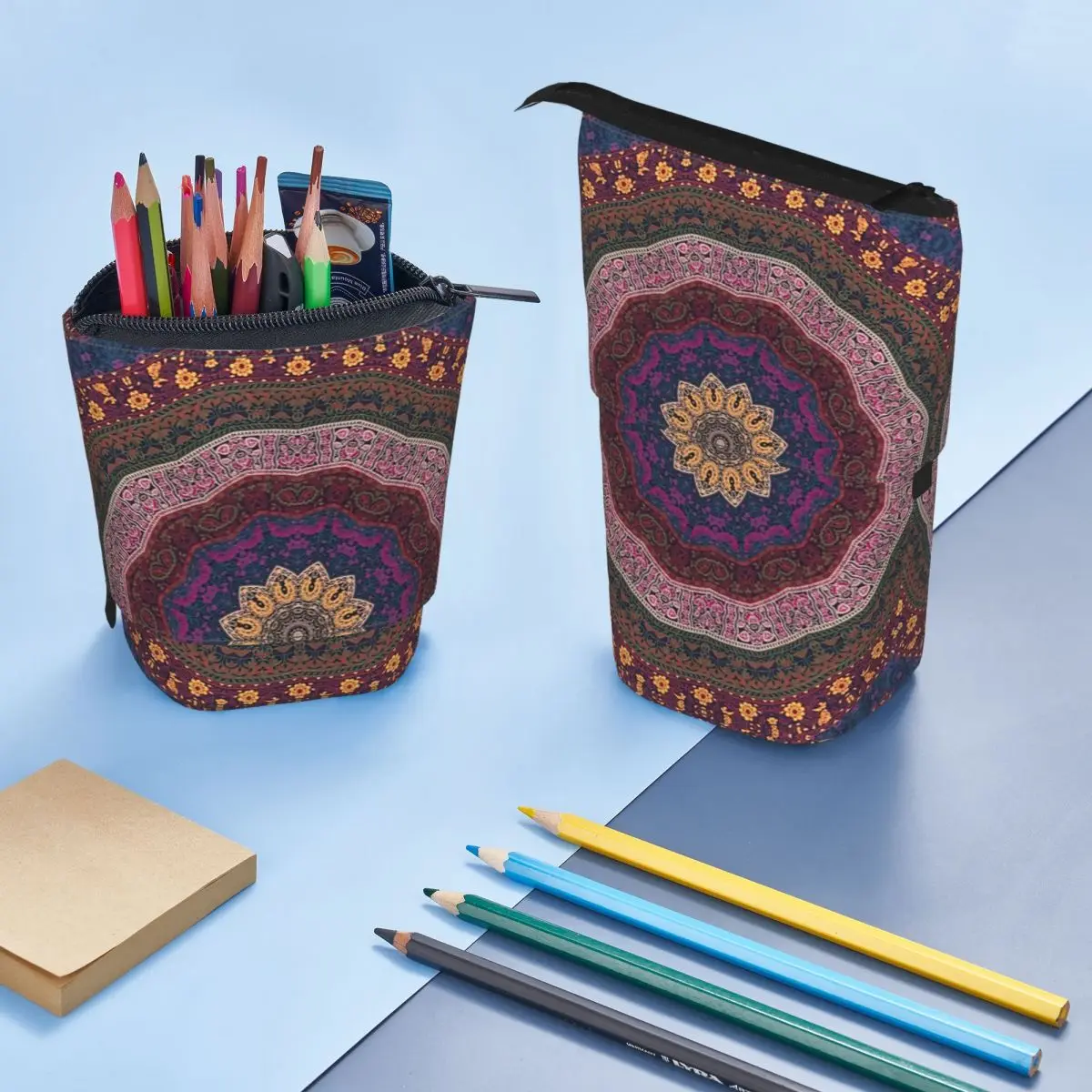 Boîte à stylos Mandala pour étudiants, sac à fermeture éclair pour l'école, sac de papeterie pour enfants, étui à crayons rétractable vertical