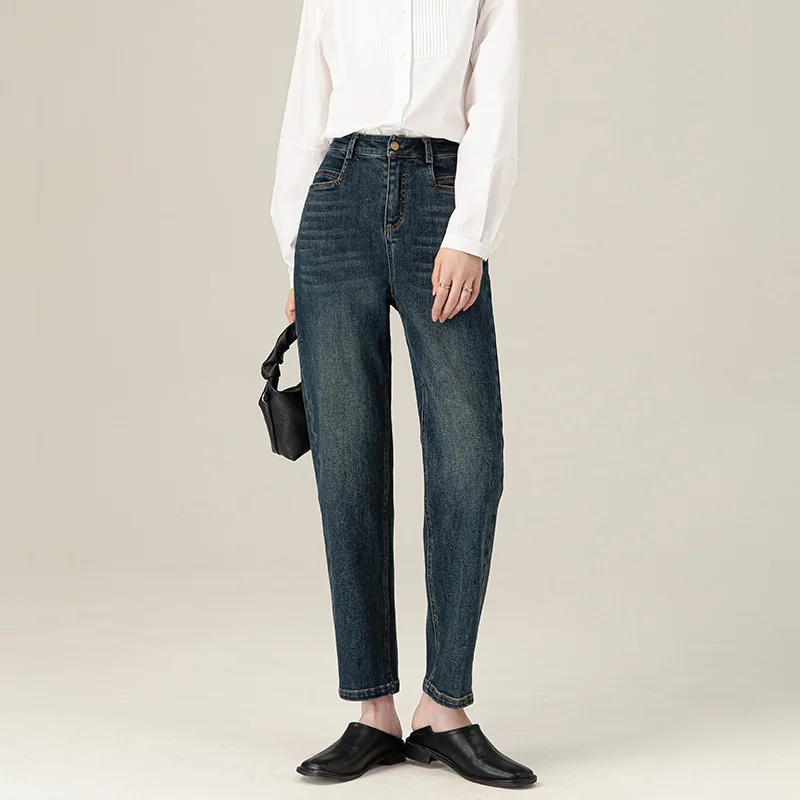 

Женские джинсы с высокой талией Xingge Denim, синие, укороченные, фасона «харлан», стройнящие, осенняя коллекция