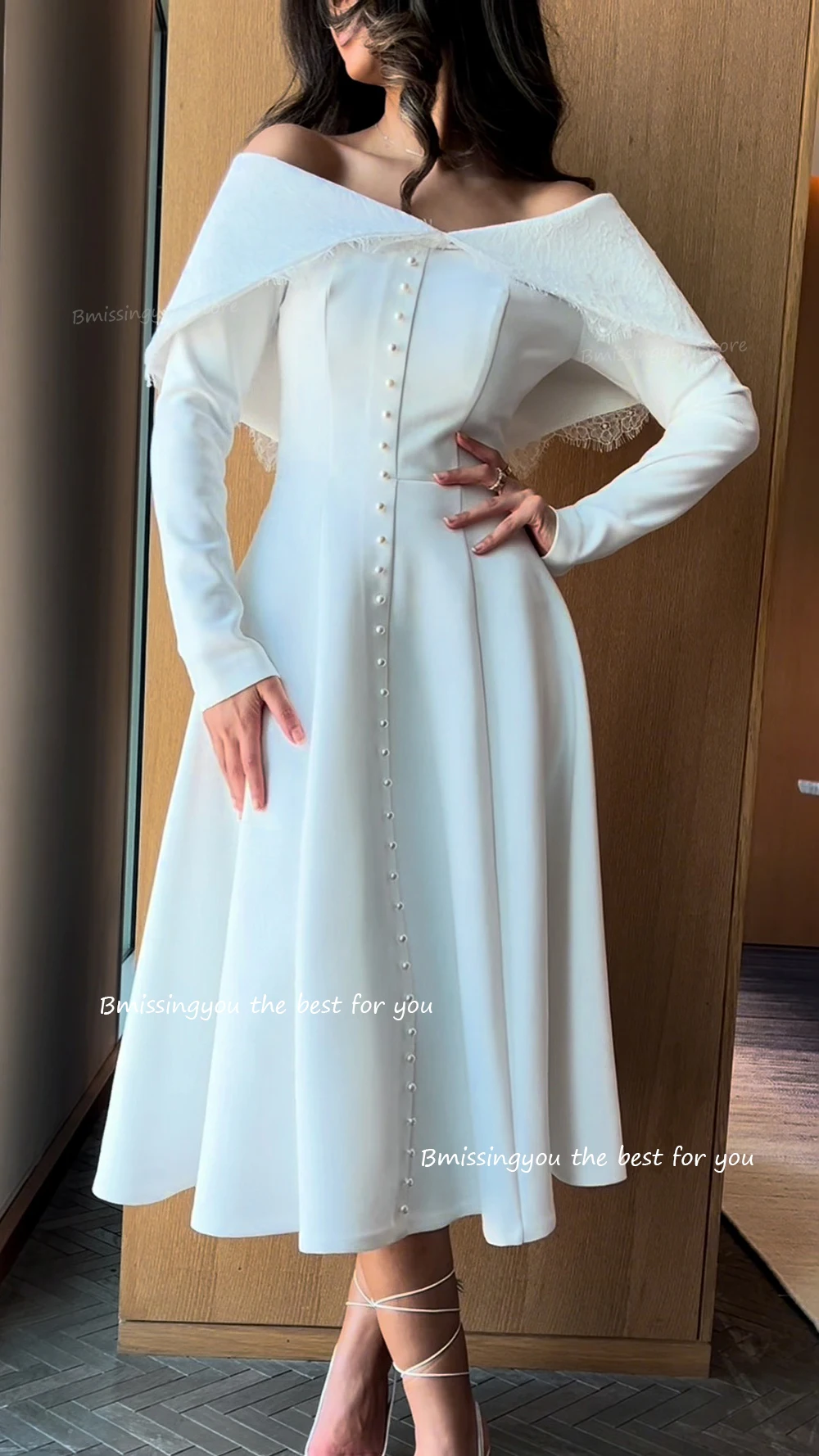 White Lace Prom Dresses for Women Dubai Arabic Formal Evening Dress Long Sleeve Tea Length Evening Party Attire Customized 3