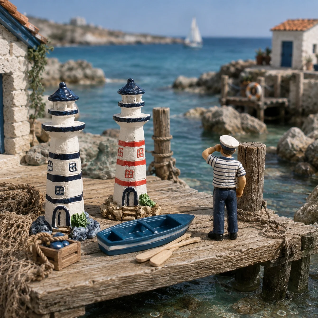 Simulation of Coastal Lighthouse Figurine, Miniature Boat Oars, Sand Table Fish Tank Decoration, Shooting Props