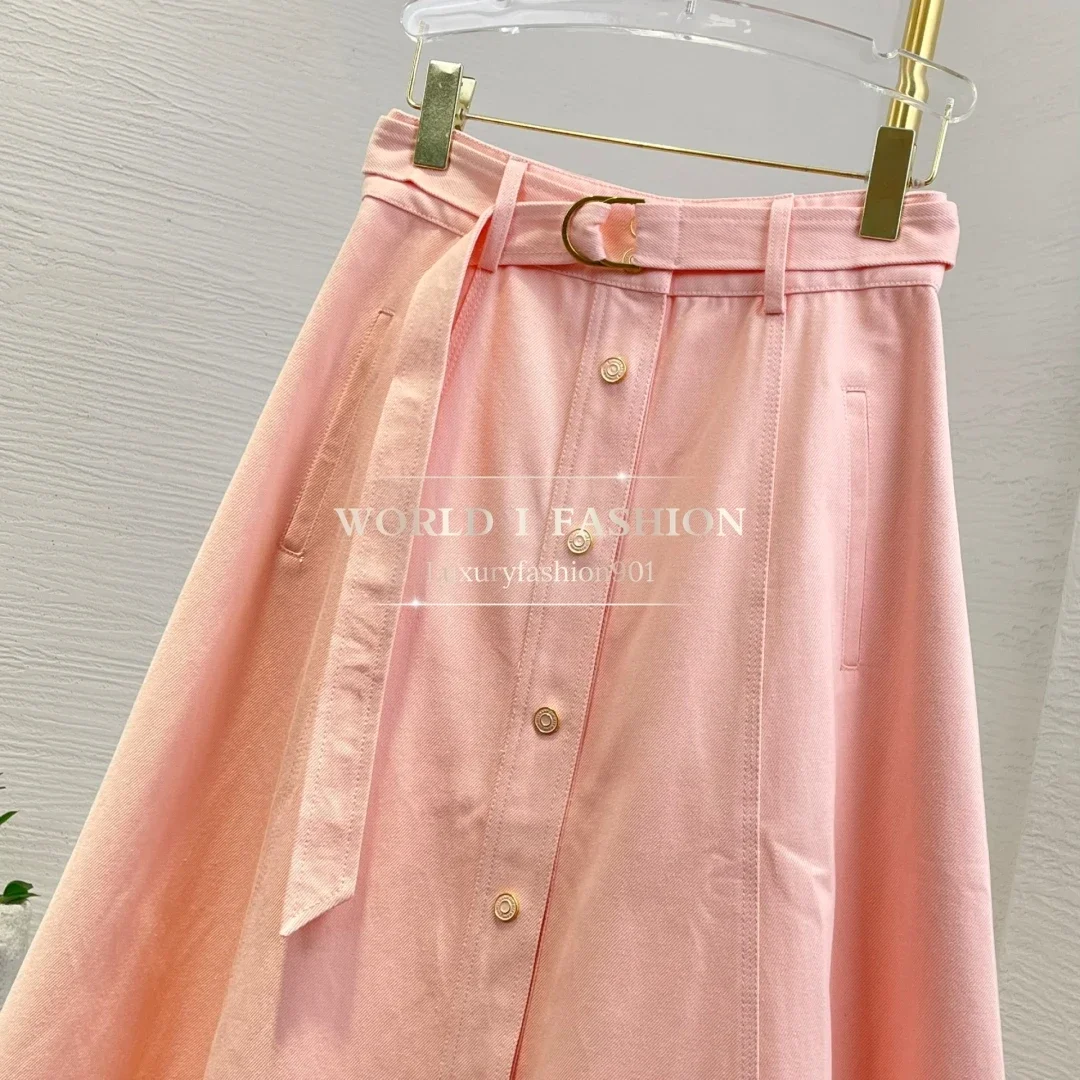 

2025 High Quality Pink Long Sleeve Jeans Blouse Tops and Waist Midi Skirt Set
