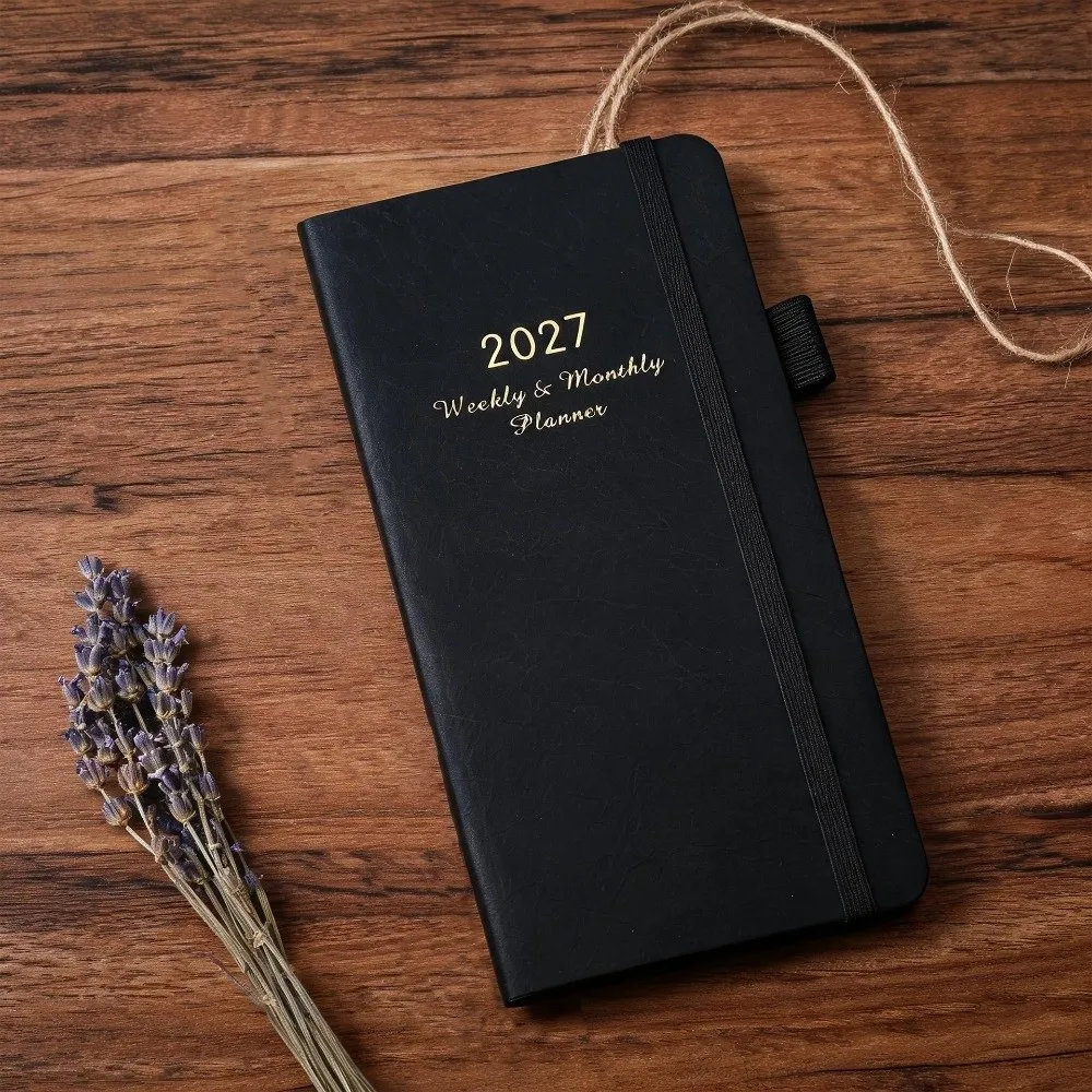 New Leather 2027 Planner Notebook Elastic Band Ribbon Bookmark Monthly Planner Pen Loop Planning Notebook Daily Scheduling