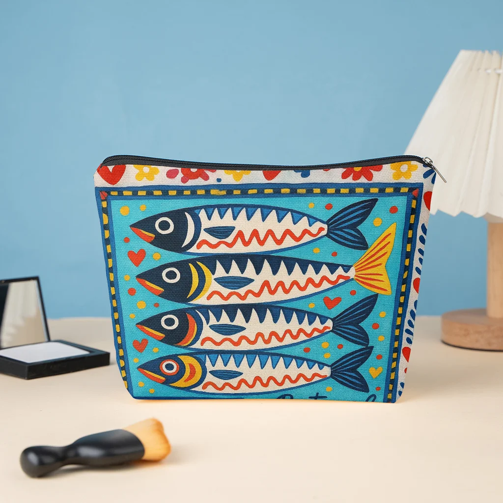 Portuguese Sardine Folk Art Stylish Zippered Wallets Skincare Product Organizers Student Stationery Organizers and Holiday Gifts