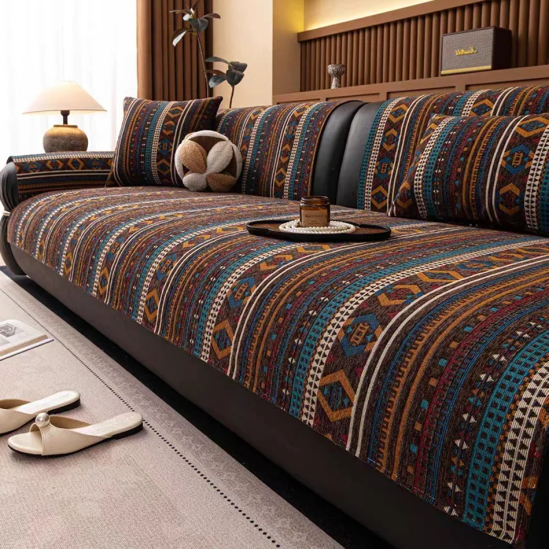 Bohemian-Style Chenille Sofa Cushion Non-Slip One-Piece Cover Cat-Scratch Resistant All-Season Living Room Sofa Protector