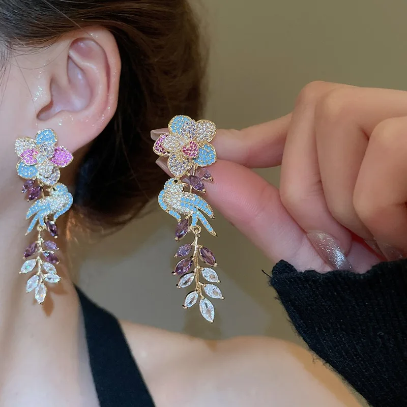

Minar Unique Multicolor CZ Cubic Zirconia Flower Bird Tassel Long Drop Earrings for Women Real Gold Plated Copper Party Jewelry