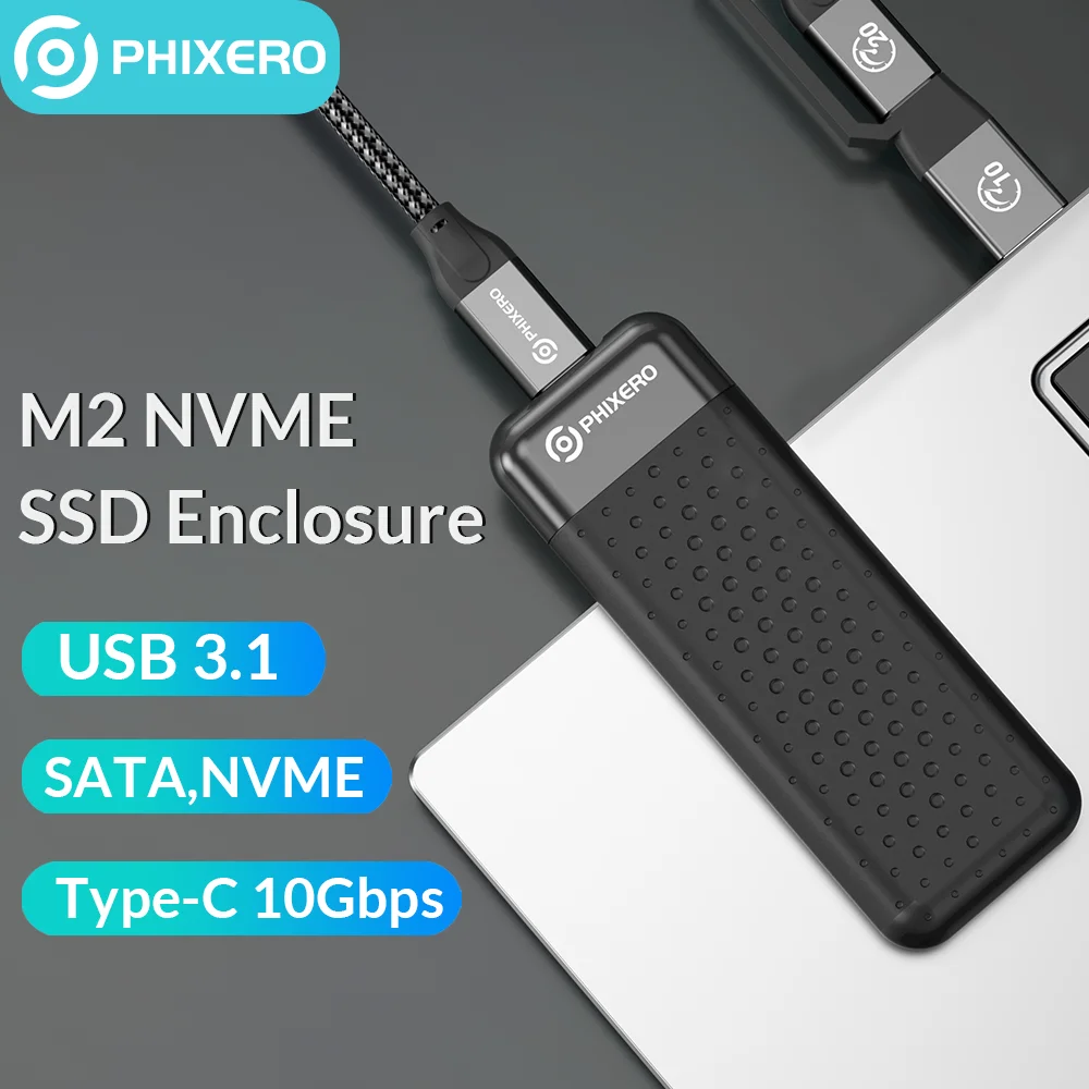 PHIXERO External HD Case M.2 NVME SSD Enclosure NGFF SATA M2 USB 3.1 Type C 6Gbps 10Gbps B/M Key Storage Box House for PC Laptop