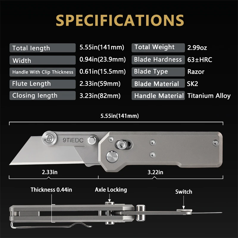 9TiEDC Utility Knife With Titanium Alloy Handle, Paper Cutter With Spare Blade, Suitable For Outdoor Camping And Handmade