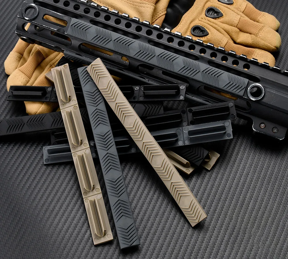 Taktische Gummi-Schienenabdeckungen im M-Stil, 6 1/4" x 5/8", Griffabdeckung, 4er-Pack, für Airsoft M4 AR15 HK416 Zubehör – Detail 1
