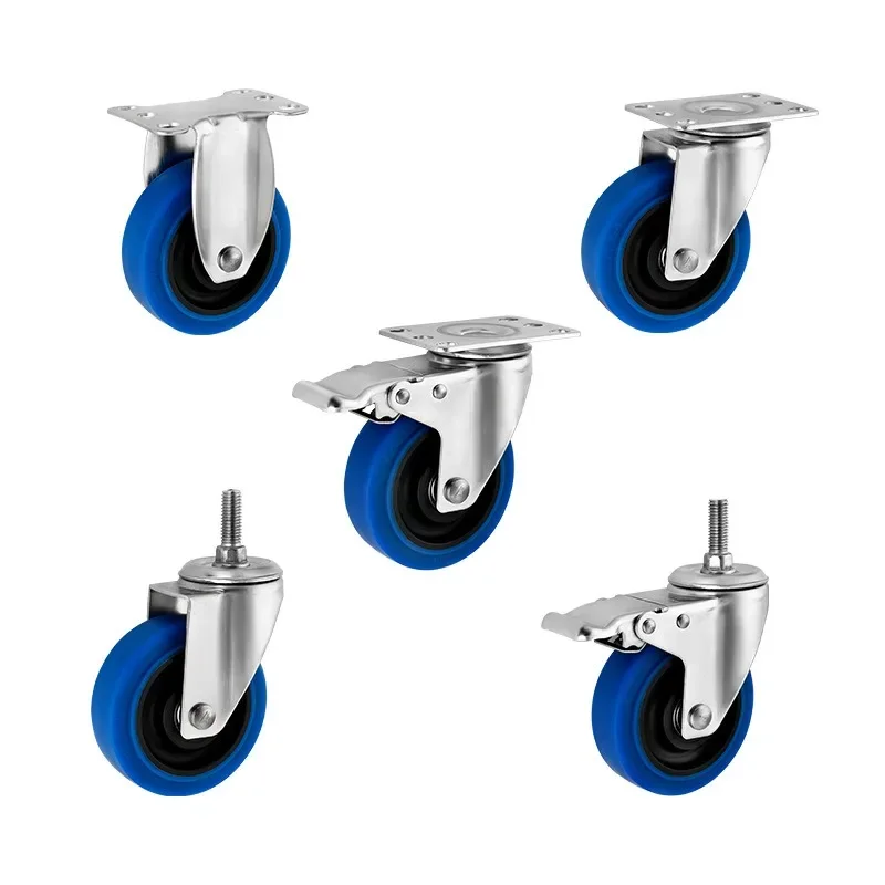 1/4 Stück 3"/4"/5" 304 Edelstahlrollen mittelblau TPR Twin Shaft Gummi Universal Roller Silent Wheel Caster 300 kg