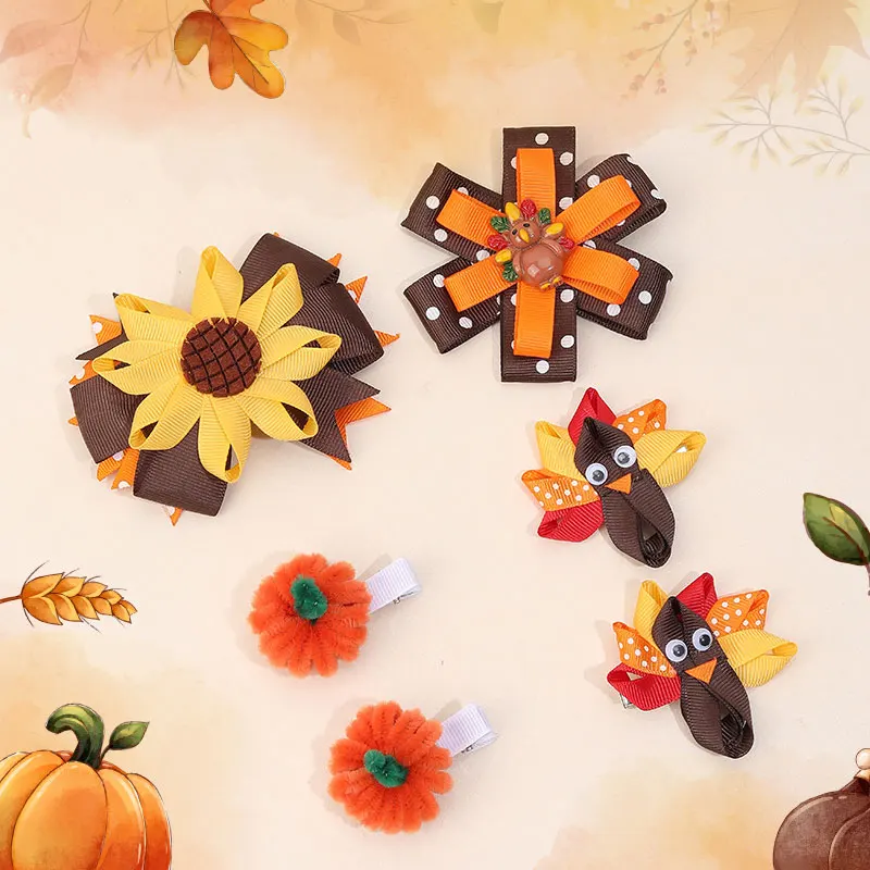 Nieuwe Thanksgiving Lint Haarelastiekjes Clips Voor Baby Meisjes Schattige Kalkoen Haarspeld Haarspeldjes Kinderen Hoofddeksels Handgemaakte Haarstrik Clip