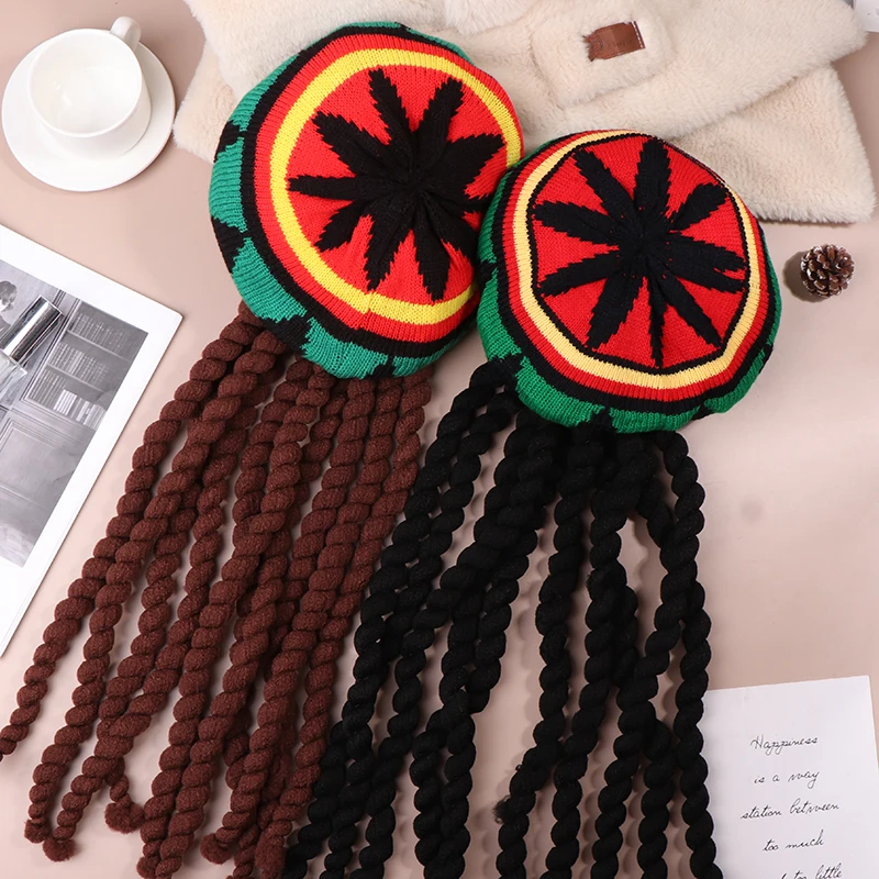 Reggae Hat With Dreadlocks Comfortable Braid Hat Wig Ethnic Style Reggae Beret Woolen Knitting Hat For Costume