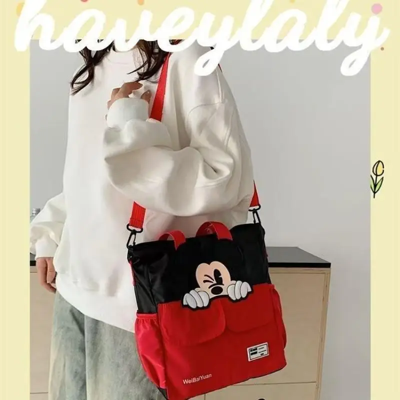 Cartoon Mickey Girls Nylon Crossbody Bag Disney Shoulder Bag Portable Handbag Casual School Bag Student Storage Bag
