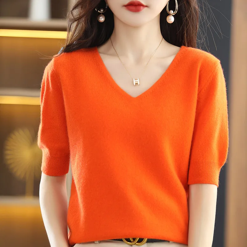 Hot Sale 100% Wool Cashmere Women\'s Sweaters And Pullovers Autumn Female V-Neck Clothing Short SLeeve Soft Jumper Tops Spring