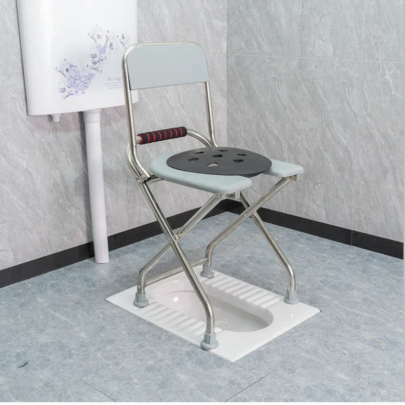 

Foldable Stainless Steel Toilet Chair MultiFunctional Elderly Commode Portable Seat with Thickened Backrest Bathroom Safety Aid