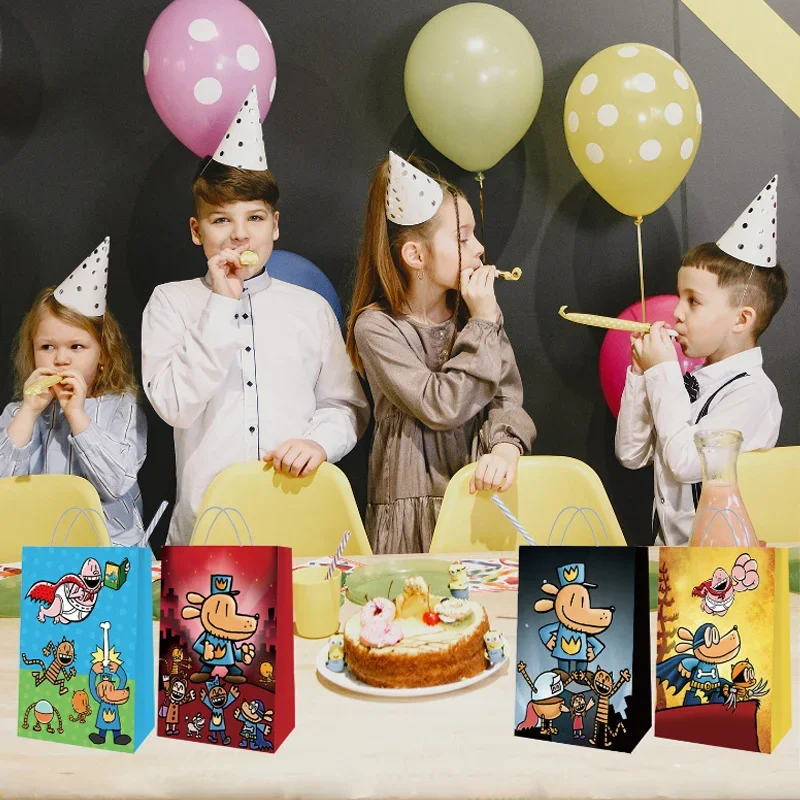 12pcs Dog Man Birthday Party Gift Bag Kids Anime Decorations Boys Girls Candy Loot Favors Bags Handle Baby Shower Decor Supplies