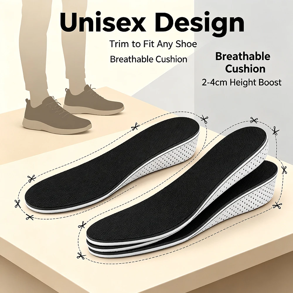 Invisible Height Lift Insoles for Man Woman Taller Shoes Inserts EVA Memory Foam Sole Height Boosters Shock-absorbing Insoles