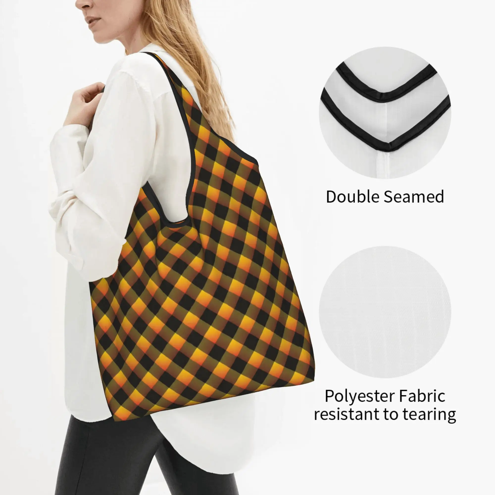 Orange Yellow Gradient Diagonal Plaid Grocery Shopping Bag Cute Shopper Tote Shoulder Bags Large Capacity Portable  Handbag