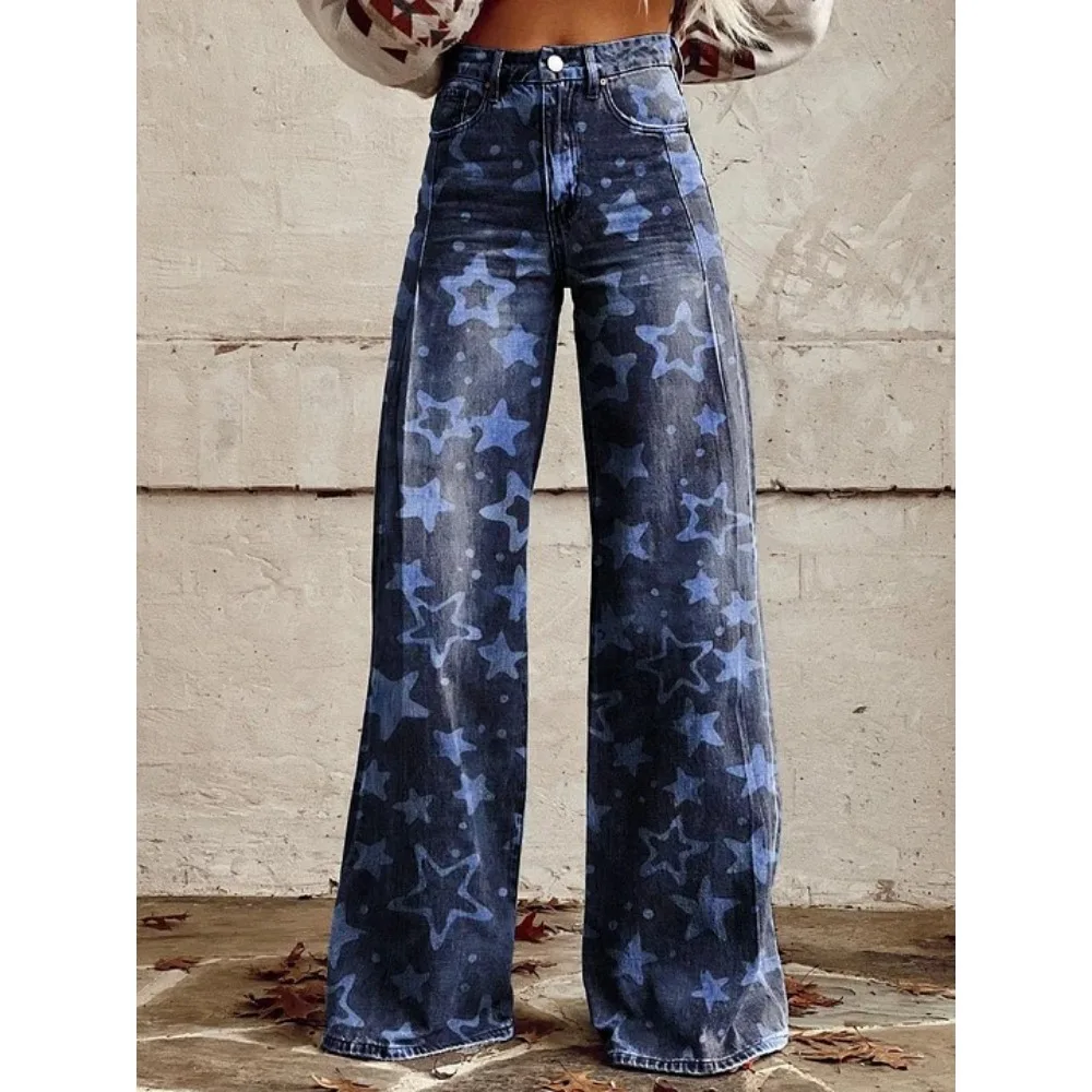 Vintage Galaxy Star Print Hose mit hoher Taille und weitem Bein, Damen-Baumwollhose, lässige Streetwear-Hose für Festivals und Konzerte – Detail 10