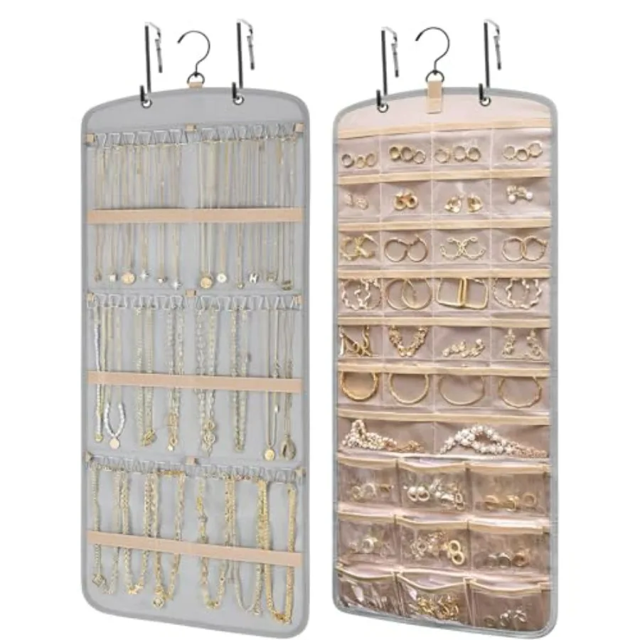 

Over the Door Jewelry Organizer Hanging: Double-Sided Storage with 28 Small 2 Large 9 Medium Pockets for Earrings Necklaces Rin