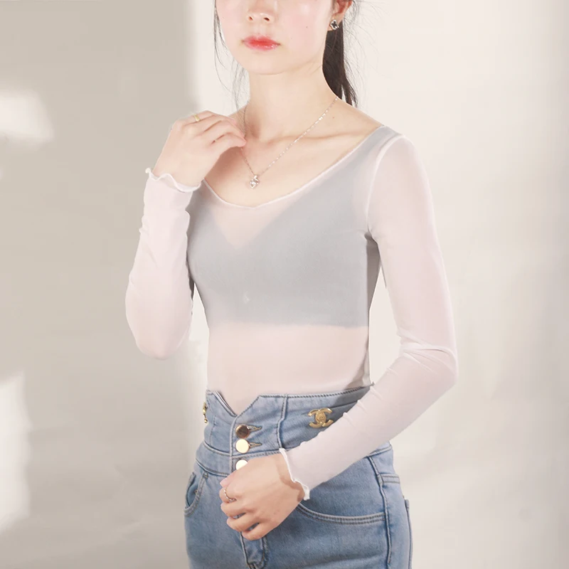 Women's round Neck Long Sleeve Mesh Base Shirt Thin Summer Sand Cover up Inner Shirt See through Fashionable Lined Top